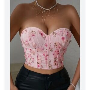 S, Foamlina Women's 3D Flower Mesh Bustier Vest Top Fairycore Babydoll Coquette